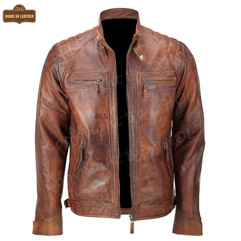HoL M005 Men's Biker Quilted Brown Vintage Distressed Motorcycle Jacket - Home of Leather