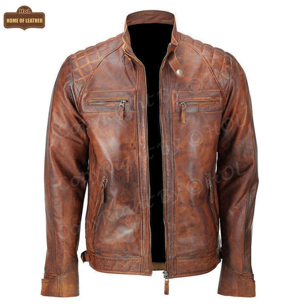 HoL M005 Men's Biker Quilted Brown Vintage Distressed Motorcycle Jacket - Home of Leather