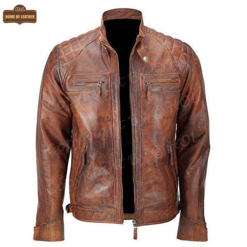 HoL M005 Men's Biker Quilted Brown Vintage Distressed Motorcycle Jacket - Home of Leather