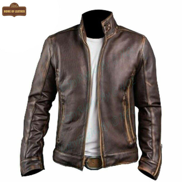 M010 Cafe Racer Stylish Distressed Brown Biker Vintage Real Leather Men's Jacket - Home of Leather