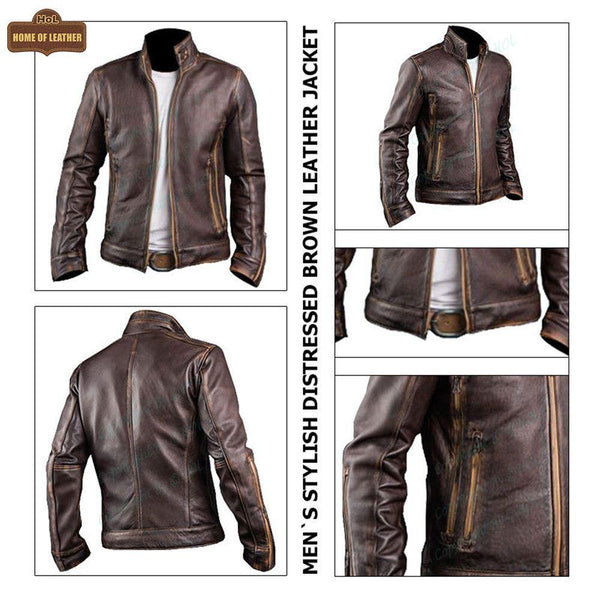 M010 Cafe Racer Stylish Distressed Brown Biker Vintage Real Leather Men's Jacket - Home of Leather