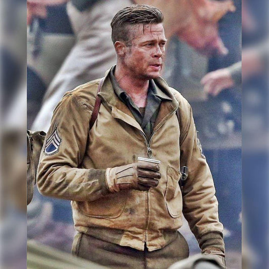 M017 Fury Brad Pitt Tanker Style WWII US Military Khaki Real Cotton Jacket For Men's - Home of Leather
