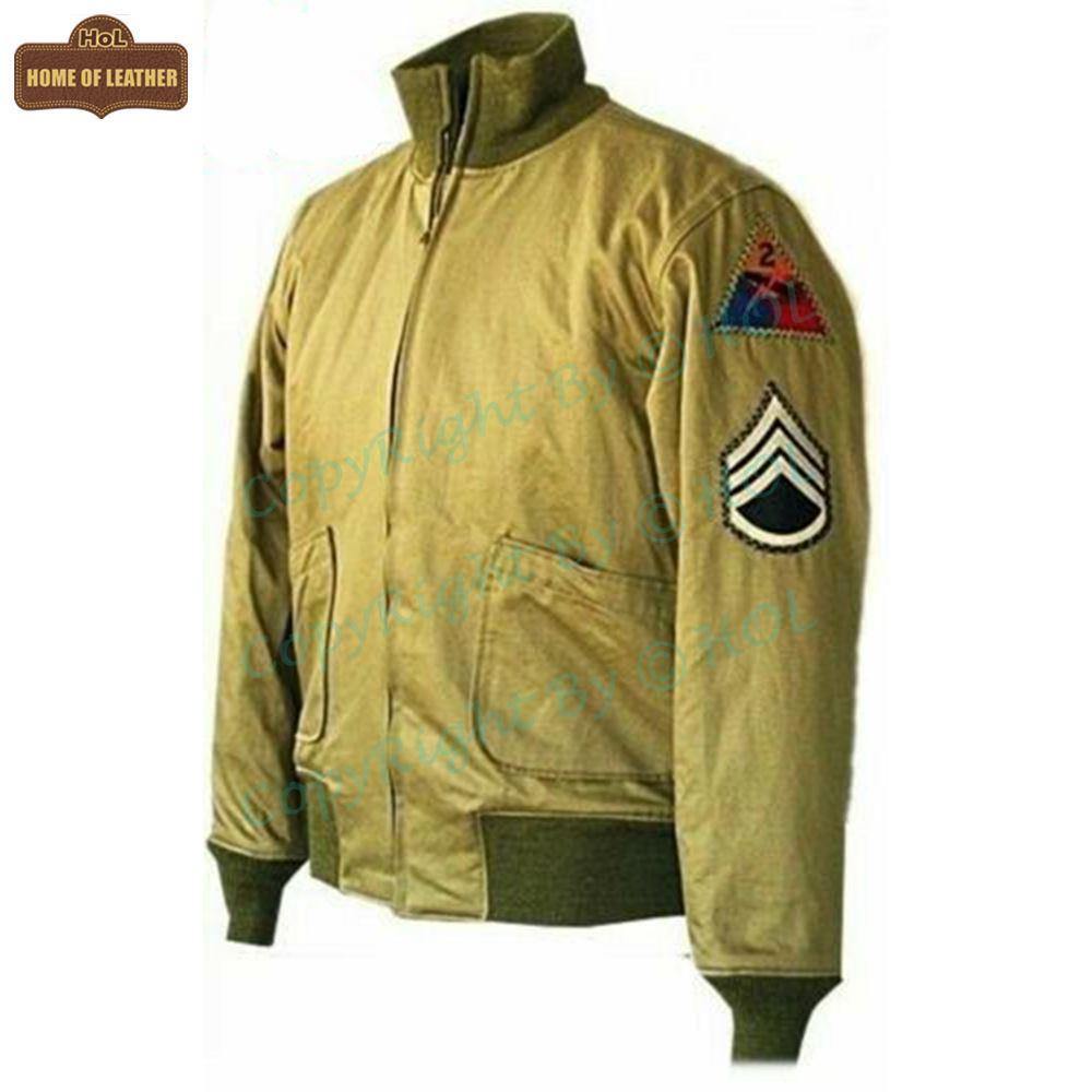 M017 Fury Brad Pitt Tanker Style WWII US Military Khaki Real Cotton Jacket For Men's - Home of Leather