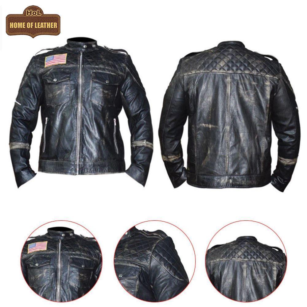 M021 New US Flag Black Vintage Distressed Moto Retro Jacket - Home of Leather