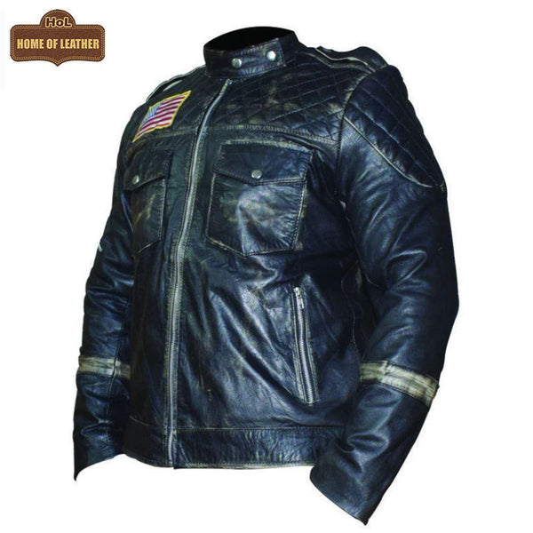 M021 New US Flag Black Vintage Distressed Moto Retro Jacket - Home of Leather