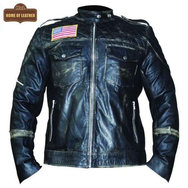 M021 New US Flag Black Vintage Distressed Moto Retro Jacket - Home of Leather
