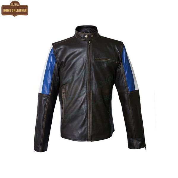 M032 Men's Genuine Leather Cafe Racer Brown France Flag Jacket - Home of Leather