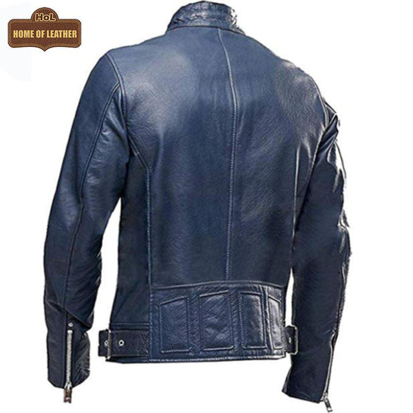 M041 Navy Blue Motorcycle Leather Style Classic Men's Genuine Biker Jacket - Home of Leather