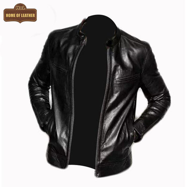 M046 Cafe Racer Genuine Leather Men's Biker Jacket Black Motorcycle Coat - Home of Leather