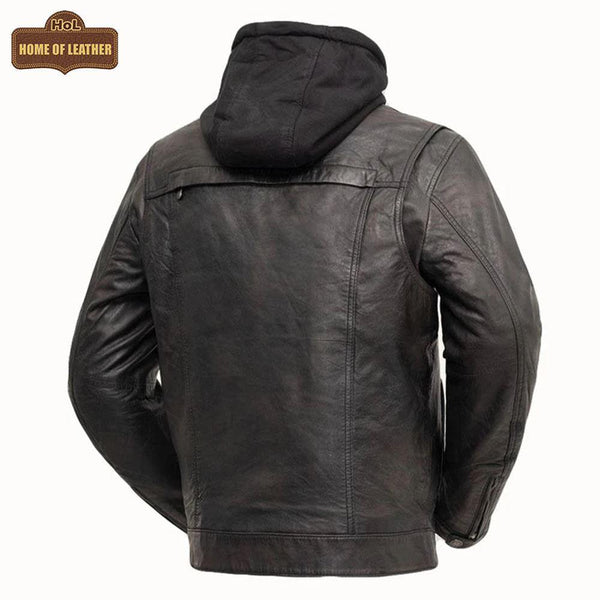 M050 Biker Black Hood Motorcycle Coat Latest Men's Real Leather Jacket - Home of Leather