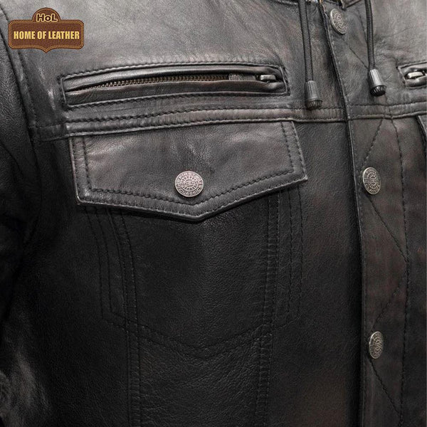 M050 Biker Black Hood Motorcycle Coat Latest Men's Real Leather Jacket - Home of Leather