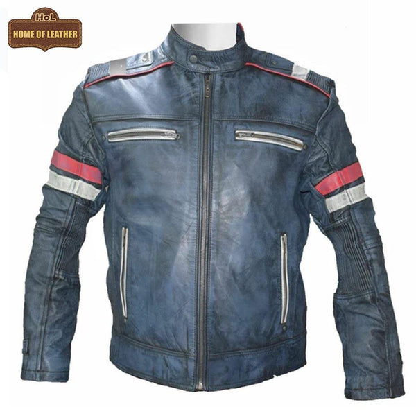 M052 Blue Cafe Racer Vintage Biker Distressed Motorcycle Jacket For Men - Home of Leather