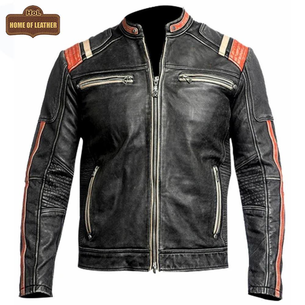 M053 Cafe Racer Retro 3 Vintage Distressed Motorcycle Black Jacket - Home of Leather