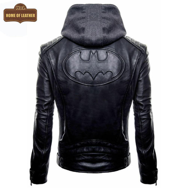 M055 The Dark Knight Hooded Gotham Outlaw Batman Justice League Leather Jacket For Men - Home of Leather