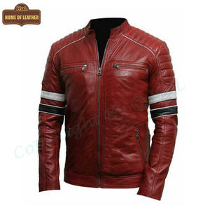 M038 Red Bomber Biker Real Leather Men's Stylish Motorcycle Jacket