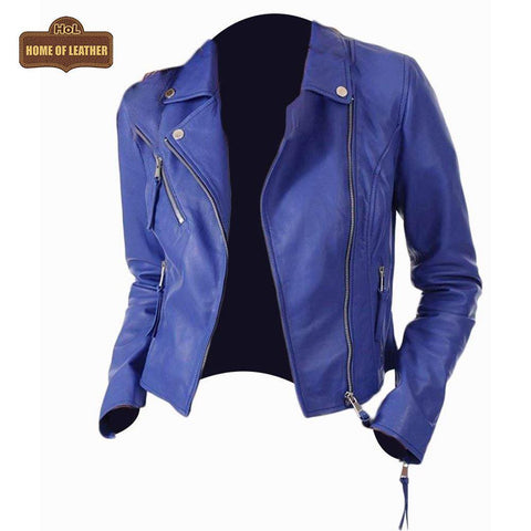 W015 Blue Biker Motorcycle Wear Faux Leather Jacket For Women Leather Jacket - Home of Leather 