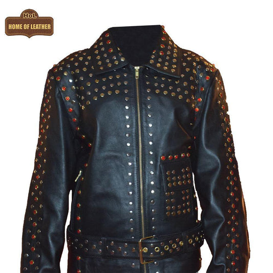W019 Women Black Silver and Golden Studs Sheepskin Leather Jacket - Home of Leather