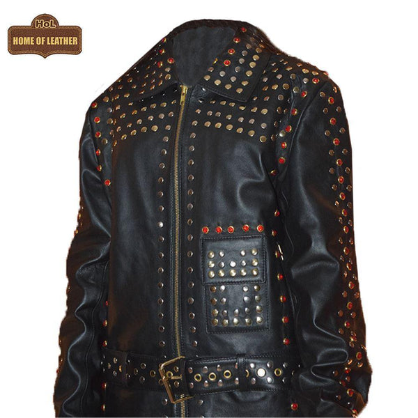W019 Women Black Silver and Golden Studs Sheepskin Leather Jacket - Home of Leather