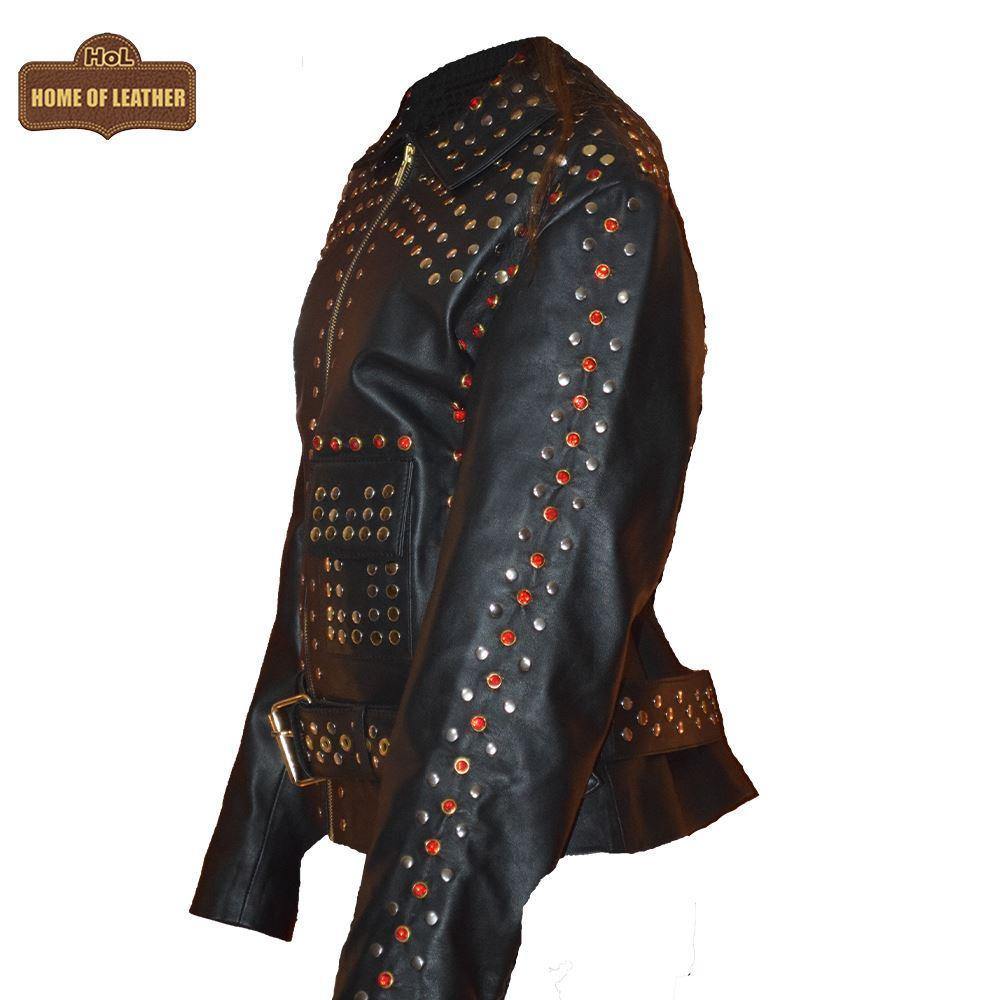 W019 Women Black Silver and Golden Studs Sheepskin Leather Jacket - Home of Leather