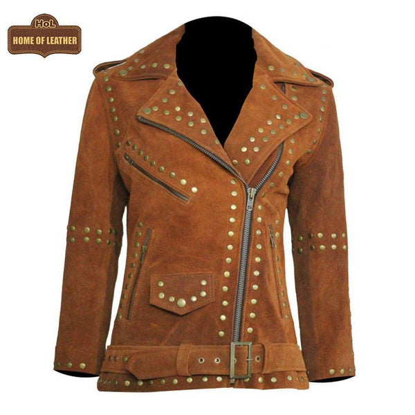 W020 Women Brown Silver Studded Brando Leather Jacket - Home of Leather