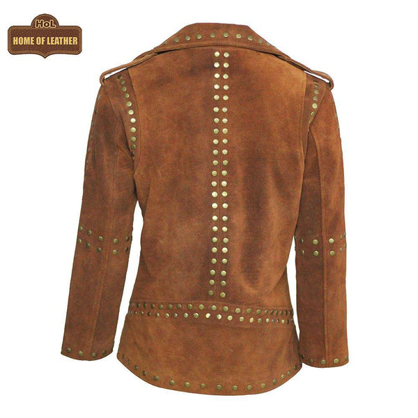 W020 Women Brown Silver Studded Brando Leather Jacket - Home of Leather